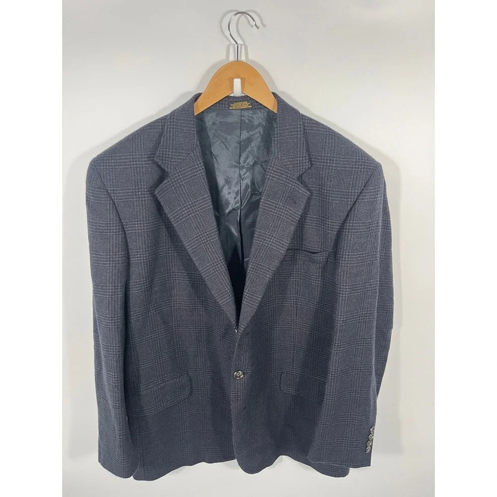 Stafford Options Mens Sack Blazer Sport Coat 48R Blue Plaid 100% Lambswool
